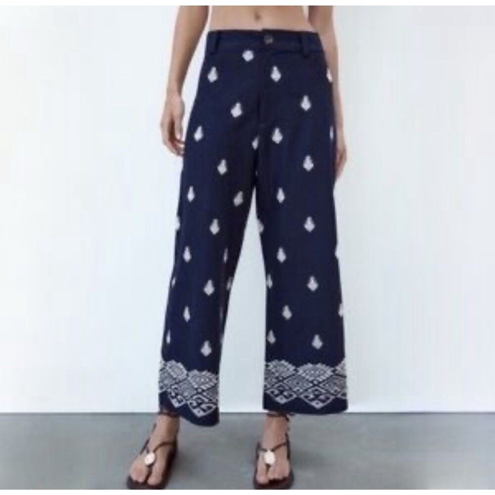 Zara Navy Embroidered High Waist Cropped Wide Leg Size Medium